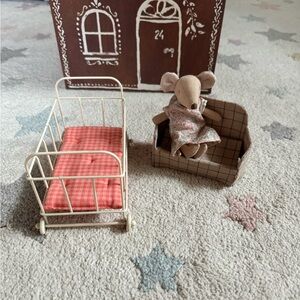 Maileg sister mouse, nightgown, cot, and couch
